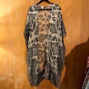 Jessica McClintock Black & Silver Burnout Kimono Damask Paisley Sheer Wrap OS